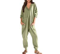 Jumpsuit Women's Cuddly Oversize Jumpsuit Long Sleeve Loose V-Neck Leisure Suit Onesie Pyjama Set Loose Nightgowns Casual One-Piece Playsuit Romper Leisure Suit Lightweight Suit, Green, S