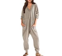Jumpsuit Women's Cuddly Oversize Jumpsuit Long Sleeve Loose V-Neck Leisure Suit Onesie Pyjama Set Loose Nightgowns Casual One-Piece Playsuit Romper Leisure Suit Lightweight Suit, khaki, M