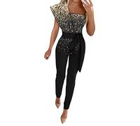 Jumpsuit Women's Glitter One Shoulder Playsuits Sequins Top Glitter Elegant Party Bodysuit Sexy Long Sleeve Sheer Festival Party Bodycon with Style with Belt for Casual Party Festival Outfit, gold