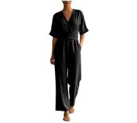 Jumpsuit Women's Summer Elegant V Neck 3/4 Sleeves Wide Leg Fitted Trouser Suit for Wedding Guest Business Romper with Pocket Pleated Romper Long Women's V Neck Batwing Sleeve Jumpsuit