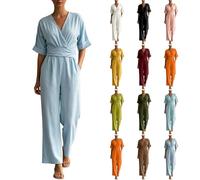 Jumpsuit Women's Summer Elegant V Neck 3/4 Sleeves Wide Leg Fitted Trouser Suit for Wedding Guest Business Romper with Pocket Pleated Romper Long Women's V Neck Batwing Sleeve Jumpsuit