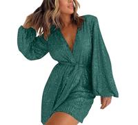 Jumpsuits Elegant -Womens Jumpsuit Romper For Summer Plus Size Elegant Sleeve Belted Sequin Romper (Green XXL)