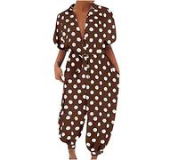 Jumpsuits for Women Dots Printing Short Sleeve Button Rompers Casual Loose Baggy Dungarees Ladies Loose Comfy Plain Playsuits Wide Leg Cropped Pants One Piece Outfits Elegant Dressy Jumpsuits