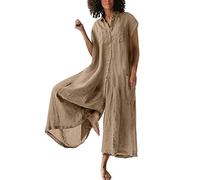 Jumpsuits for Women, Jumpsuit Summer Solid Colour Casual Short Sleeve Mid Length Shirt (C XXL)