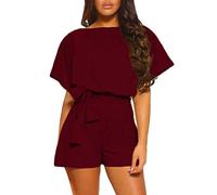 Jumpsuits for Women Short Palazzo Playsuits with Belt Vintage High Waist Beach Summer Romper Short Sleeve Playsuit Womens Baggy Dungarees