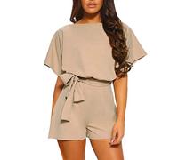Jumpsuits for Women Short Palazzo Playsuits with Belt Vintage High Waist Beach Summer Romper Short Sleeve Playsuit Womens Baggy Dungarees