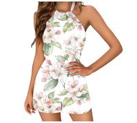 Jumpsuits for Women Uk Backless Floral Halterneck Shorts Jumpsuit Adjustable Sleeveless Summer Playsuit Crewneck Loose Casual Romper Wide Leg Overall Vacation Vintage Boho Outfit Beach (White, XL)