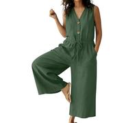 Jumpsuits for Women UK Cotton Linen Button Up V Neck Sleeveless Tie Waist Loose Pants Romper Solid Relaxed Formal One Piece Overalls Plus Size Trousers Playsuits Parties Loungewear
