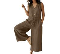 Jumpsuits for Women UK Cotton Linen Button Up V Neck Sleeveless Tie Waist Loose Pants Romper Solid Relaxed Formal One Piece Overalls Plus Size Trousers Playsuits Parties Loungewear