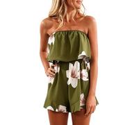 Jumpsuits for Women UK Elegant Bandeau Rompers Sleeveless Floral Print Overalls Elestic High Waist Playsuits Ladies Summer Wide Leg Shorts One Piece Beach Coverups Holiday Dress