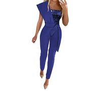 Jumpsuits for Women UK Elegant Ladies Summer Wedding Sequin Elegant Party Playsuit Clubbing Romper Wide Leg Office Evening Trousers Diamond Halter Sexy Zip Overalls Blue