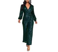 Jumpsuits for Women UK Sequin Long Sleeve Playsuits Trousers V Neck Cross Wrap One Piece Plan Tunic Rompers with Belt Loose Sparkly Elegant One Piece Overalls Party Club Wedding Casual Wear