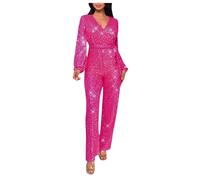 Jumpsuits for Women UK Sequin Long Sleeve Playsuits Trousers V Neck Cross Wrap One Piece Plan Tunic Rompers with Belt Loose Sparkly Elegant One Piece Overalls Party Club Wedding Casual Wear
