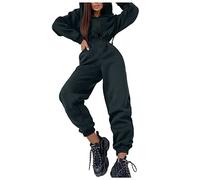 Jumpsuits for Women Under 15 Women's Two Piece Sets Casual Hoodie Zipper Drawstring Jacket Outerwear and Elastic Pencil Pants Fall Winter Tracksuit Leg Jumpsuit (Black, M)