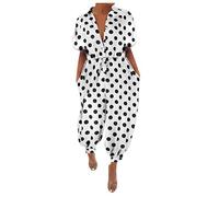 Jumpsuits Women Elegant Short Sleeve Romper Polka Dots Printed V Neck Playsuit Jumpsuit Ladies Casual Sraight Leg All In One Jumpsuits Summer Comfy Classic One Piece Pants Onesies Overall
