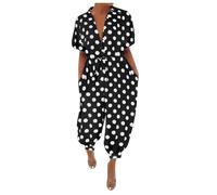 Jumpsuits Women Elegant Short Sleeve Romper Polka Dots Printed V Neck Playsuit Jumpsuit Ladies Casual Sraight Leg All In One Jumpsuits Summer Comfy Classic One Piece Pants Onesies Overall