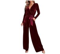 Jumpsuits Women Golden Velvet Dungarees Solid Elegant Long Sleeve Tunic with Belt Playsuits Summer Elastic Waist Wide Leg Trousers Sliming Thin Office Business Casual Jumpsuits with Pocket S-3XL Sale