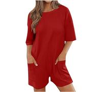 Jumpsuits Women Half Sleeve Oversized Tee Romper Shorts Crewneck Reversible Womens Playsuit with Pockets Back V Neck Loose Plain Hot Shot Onesie Casual Beach Workout One Piece Overalls