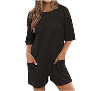 Jumpsuits Women Half Sleeve Oversized Tee Romper Shorts Crewneck Reversible Womens Playsuit with Pockets Back V Neck Loose Plain Hot Shot Onesie Casual Beach Workout One Piece Overalls