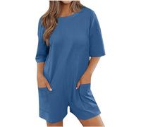 Jumpsuits Women Half Sleeve Oversized Tee Romper Shorts Crewneck Reversible Womens Playsuit with Pockets Back V Neck Loose Plain Hot Shot Onesie Casual Beach Workout One Piece Overalls
