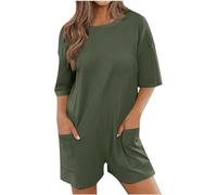 Jumpsuits Women Half Sleeve Oversized Tee Romper Shorts Crewneck Reversible Womens Playsuit with Pockets Back V Neck Loose Plain Hot Shot Onesie Casual Beach Workout One Piece Overalls