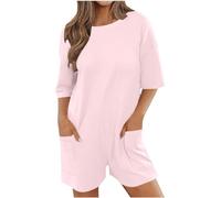 Jumpsuits Women Half Sleeve Oversized Tee Romper Shorts Crewneck Reversible Womens Playsuit with Pockets Back V Neck Loose Plain Hot Shot Onesie Casual Beach Workout One Piece Overalls