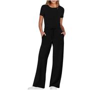 Jumpsuits Women Short Sleeve Romper Trousers Tie Waist Plain Crewneck Overalls Womens Playsuit with Pockets Straight Leg Summer Jumpsuit Regular Fit Sports Beach Daily Outfits