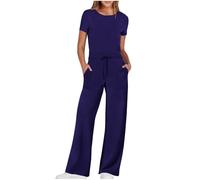 Jumpsuits Women Short Sleeve Romper Trousers Tie Waist Plain Crewneck Overalls Womens Playsuit with Pockets Straight Leg Summer Jumpsuit Regular Fit Sports Beach Daily Outfits