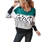 JUNBOON Women’s Casual Leopard Print Knitted Pullover Sweaters Long Sleeve Crew Neck Jumper Tops - Green - Medium