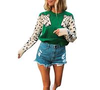 JUNBOON Women's Casual Leopard Print Knitted Pullover Sweaters Long Sleeve Crew Neck Jumper Tops - Green - Small