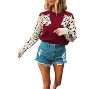 JUNBOON Women's Casual Leopard Print Knitted Pullover Sweaters Long Sleeve Crew Neck Jumper Tops - Red - X-Large