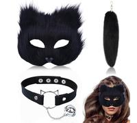 JUNCHUANG Therian Mask Therian Set Faux Fur Fox Mask Wolf Cat Fluffy Tail and Leather Necklace Set,Halloween Party Cosplay Costume Accessory