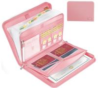 JUNDUN Fireproof Document Organiser - 13 Pockets Expanding File Folder with Zipper & Labels - Portable Waterproof File Organiser with Multi-Pockets Folder for A4 Documents | Receipt and More(Pink)