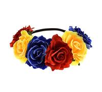 June Bloomy Rose Floral Crown Garland Flower Headband Headpiece for Wedding Festival, Red Yellow Blue, 1 Count (Pack of 1)