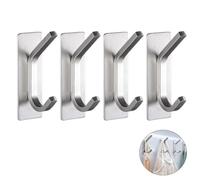 June tech Stick on Hooks for Hanging Extra Sticky Metal Stainless Hooks Coat Hook on Door for Towel Coat Hat Key Removable Hanger for Bathroom Kitchen 4 Pack (Silver)