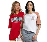 JUNEBERRY 2 Pack Pure Cotton Oversized Fit Drop Shoulder Front Back Graphic Print Crew Neck T-Shirt for Women and Girls, Whitetdy & Redclf, M