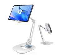 JUNEBOX Aluminu Alloy Tightness Adjustable Tablet Stand, 360° Rotating Holder Compatible with 4.7"-12.9" Phone/Tablet, iPad, iPhone, Samsung, Kindle, Switch, Foldable Arm Holder for Desktop, White