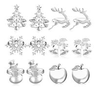JUNEBRUSHS 12 Pcs Christmas Napkin Ring Set, Christmas Tree Reindeer Apple Snowflake Bells Snowman Napkin Holder for Family Dinner Easter Christmas Party Table Decorations (Silver)