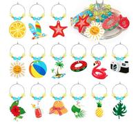 JUNEBRUSHS 15Pcs Summer Wine Glass Charms for Stem Glasses, Hawaii Beach Glass Rings Charm Tags Drink Marker for Wine Party Decorations