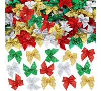 JUNEBRUSHS 180Pcs Christmas Mini Bows, Christmas Glitter Small Xmas Red Green Gold Silver Tiny Bows Holiday Handmade Ribbon Ornaments for DIY Crafts Making Supplies Tree Decoration