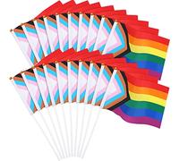 JUNEBRUSHS 20pcs Progress Pride Flag, 14 × 21cm Mini Handheld Miniature LGBTQ Rainbow Trans Flag Pocket Gay Lesbian Flags Pride Day Party Decorations