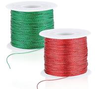 JUNEBRUSHS 218 Yards Christmas Metallic Ornament String, Christmas Cording Gold String Hanger for Crafts Ribbon Metallic Cord for Ornaments Hanging Decoration Jewelry Making Gift Wrap (Red, Green)