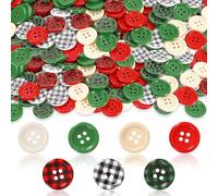 JUNEBRUSHS 260pcs Christmas Buffalo Plaid Wooden Buttons 4 Holes Round Wood Sewing Buttons for Christmas Stocking Decorative DIY Sewing Crafts Handmade Projects, 0.8 Inches, Red Green White