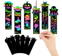 JUNEBRUSHS 30Pcs Halloween Scratch Bookmarks, Rainbow Magic Scratch Paper Art Pumpkin Bat Spider DIY Crafts Kit for Halloween Gifts