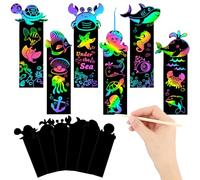 JUNEBRUSHS 30Pcs Ocean Crafts, Rainbow Magic Ocean Animals Scratch Bookmarks Under The Sea Party Favors Games for Activities Summer Arts and Crafts