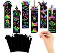 JUNEBRUSHS 30Pcs Religious Crafts for Kids, Christian Easter Rainbow Color Scratch Art Christian Bookmarks Resurrection Cross Religious Gifts for Kids Sunday School Church Bible Crafts Kits