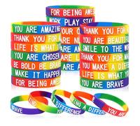 JUNEBRUSHS 42pcs Motivational Silicone Bracelets Rainbow Colors Inspirational Accessories Wristbands for Kids Teens Teacher Classroom Home Office Party Favor Gifts Supplies (14 Designs)