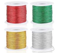 JUNEBRUSHS 440 Yards Christmas Metallic Cord Ornament String, Christmas Ribbon Cording Gold String Hanger for Crafts Ornaments Hanging Decoration Jewelry Making Gift Wrap (Gold, Silver, Red, Green)