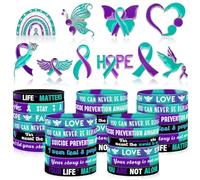 JUNEBRUSHS 60PCS Suicide Prevention Awareness Party Favors Purple Teal Ribbon Lapel Pins Inspirational Silicone Bracelets for Suicide Prevention Awareness Inspirational Favor Charity Campaign Supplies