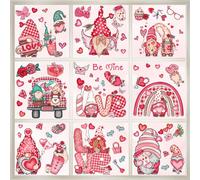 JUNEBRUSHS 9 Sheets Valentine's Day Window Clings Gnomes Love Rose Pink Window Decals Non-Adhesive Electrostatic Valentines Window Clings for Home School Office Decoration Wedding Anniversary Party